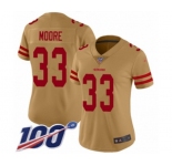 Women's San Francisco 49ers #33 Tarvarius Moore Limited Gold Inverted Legend 100th Season Football Jersey