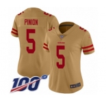 Women's San Francisco 49ers #5 Bradley Pinion Limited Gold Inverted Legend 100th Season Football Jersey