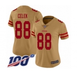 Women's San Francisco 49ers #88 Garrett Celek Limited Gold Inverted Legend 100th Season Football Jersey
