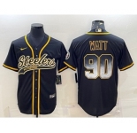 Men's Pittsburgh Steelers #90 TJ Watt Black Gold With Patch Smoke Cool Base Stitched Baseball Jersey