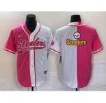 Men's Pittsburgh Steelers Big Logo Pink White Two Tone With Patch Cool Base Stitched Baseball Jersey