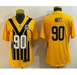 Women's Pittsburgh Steelers #90 TJ Watt Limited Yellow Throwback Vapor Jersey