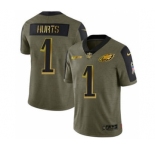 Men's Philadelphia Eagles #1 Jalen Hurts 2021 Olive Camo Salute To Service Golden Limited Stitched Football Jersey