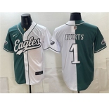 Men's Philadelphia Eagles #1 Jalen Hurts Green White Split Stitched Jersey
