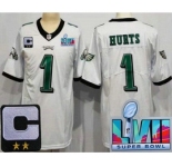 Men's Philadelphia Eagles #1 Jalen Hurts Limited White C Patch Super Bowl LVII Vapor Jersey