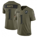 Men's Philadelphia Eagles #1 Jalen Hurts Olive 2025 Salute to Service Limited Football Stitched Jersey