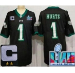 Youth Philadelphia Eagles #1 Jalen Hurts Limited Black C Patch Super Bowl LVII Vapor Jersey