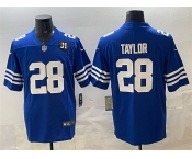 Men's Indianapolis Colts #28 Jonathan Taylor Blue Jim Irsay Patch Vapor Limited Football Stitched Jersey