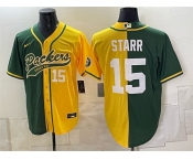 Men's Green Bay Packers #15 Bart Starr Green Gold Split Cool Base Stitched Baseball Jersey