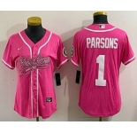 Women's Green Bay Packers #1 Micah Parsons Pink With Patch Cool Base Stitched Baseball Jersey