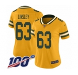 Women's Green Bay Packers #63 Corey Linsley Limited Gold Inverted Legend 100th Season Football Jersey