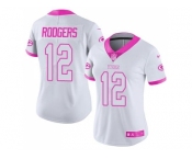 Women's Nike Green Bay Packers #12 Aaron Rodgers White Pink Stitched NFL Limited Rush Fashion Jersey