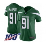 Women's New York Jets #91 Bronson Kaufusi Green Team Color Vapor Untouchable Limited Player 100th Season Football Jersey