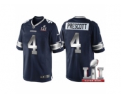 Men Dallas Cowboys #4 Dak Prescott Navy Blue 2017 Super Bowl 51 Patch Steel Silver Limited Jersey