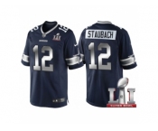 Youth Dallas Cowboys #12 Roger Staubach Navy Blue 2017 Super Bowl LI Patch Steel Silver Limited Jersey