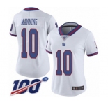 Women's New York Giants #10 Eli Manning Limited White Rush Vapor Untouchable 100th Season Football Jersey