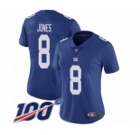 Women's New York Giants #8 Daniel Jones Royal Blue Team Color Vapor Untouchable Limited Player 100th Season Football Jersey