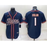 Men's Chicago Bears #1 Justin Fields Navy Blue Stitched MLB Cool Base Nike Baseball Jersey