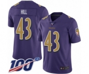 Men's Baltimore Ravens #43 Justice Hill Limited Purple Rush Vapor Untouchable 100th Season Football Jersey