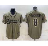 Men's Baltimore Ravens #8 Lamar Jackson Olive 2022 Salute to Service Cool Base Stitched Baseball Jersey