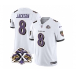 Men's Baltimore Ravens #8 Lamar Jackson White 2023 F.U.S.E With Patch Throwback Vapor Limited Stitched Jersey