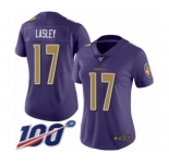 Women's Baltimore Ravens #17 Jordan Lasley Limited Purple Rush Vapor Untouchable 100th Season Football Jersey