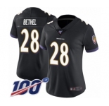 Women's Baltimore Ravens #28 Justin Bethel Black Alternate Vapor Untouchable Limited Player 100th Season Football Jersey