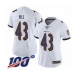Women's Baltimore Ravens #43 Justice Hill White Vapor Untouchable Limited Player 100th Season Football Jersey