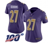 Women's Nike Ravens #27 J.K. Dobbins Purple Stitched NFL Limited Rush 100th Season Jersey