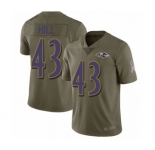 Youth Baltimore Ravens #43 Justice Hill Limited Olive 2017 Salute to Service Football Jersey