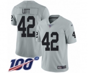Men's Oakland Raiders #42 Ronnie Lott Limited Silver Inverted Legend 100th Season Football Jersey