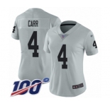 Women's Oakland Raiders #4 Derek Carr Limited Silver Inverted Legend 100th Season Football Jersey